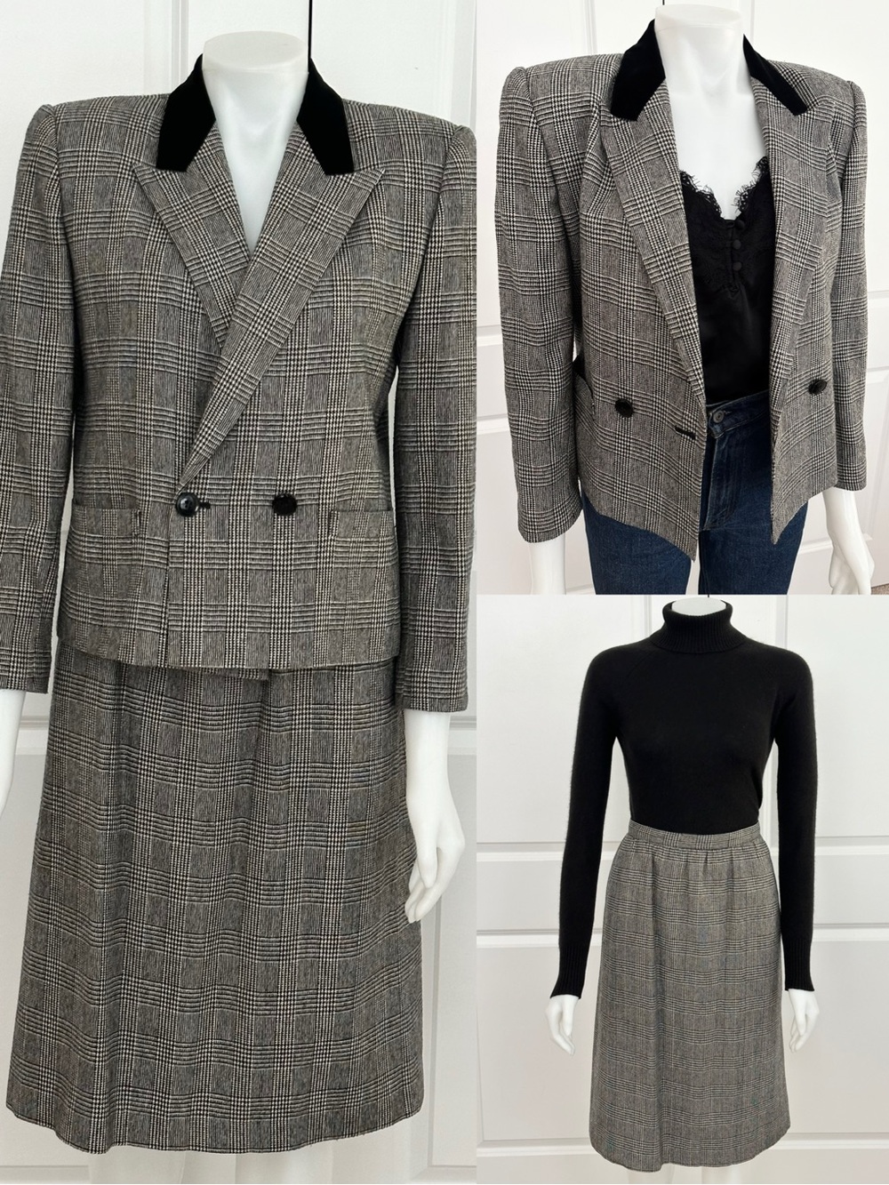 Vintage Wool Blend Glen Plaid Two Piece Suit - Blazer Jacket & Midi Skirt